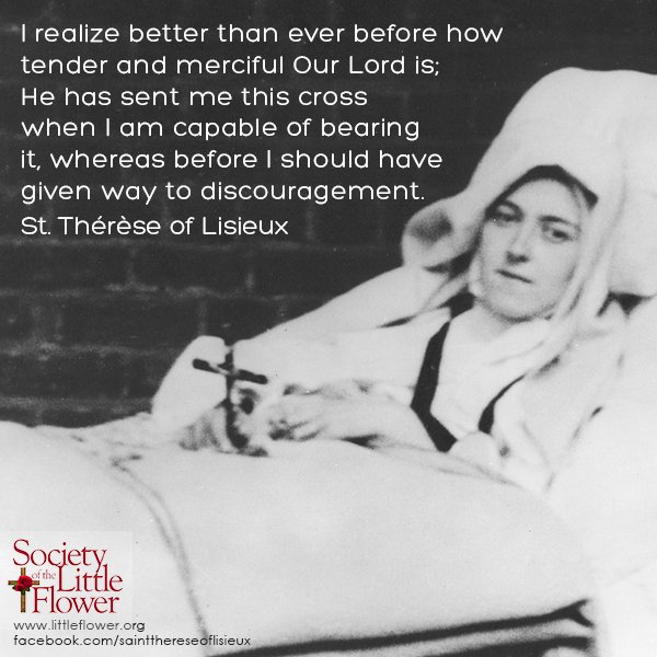 St. Therese of Lisieux during her final illness, resting on a bed in the courtyard at Le Carmel monastery.
