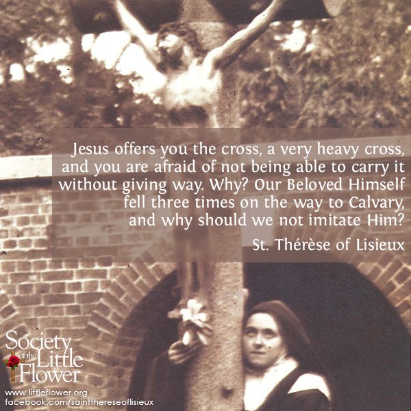 Photo of St. Therese of Lisieux embracing the large crucifix in the courtyard at Le Carmel monastery.