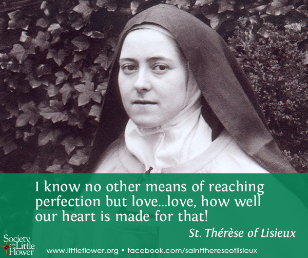 I know of no other means of reaching perfection - St. Therese of Lisieux Quotes.  Photo of St. Therese before an ivy-covered wall.