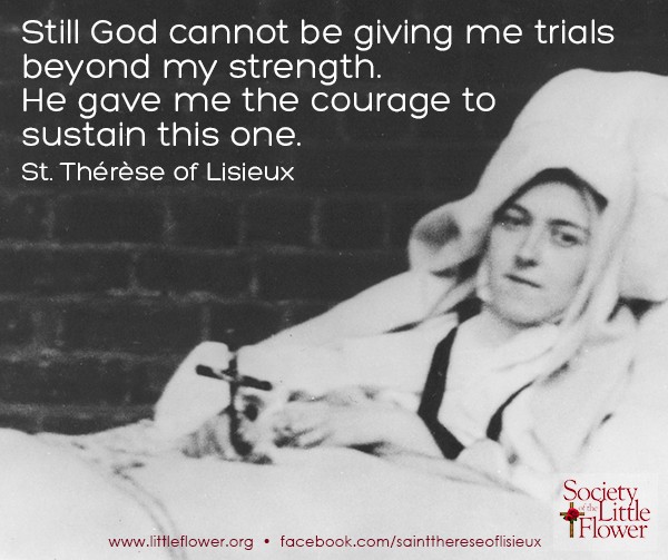 St. Therese of Lisieux during her final illness, resting on a bed in the courtyard at Le Carmel monastery.