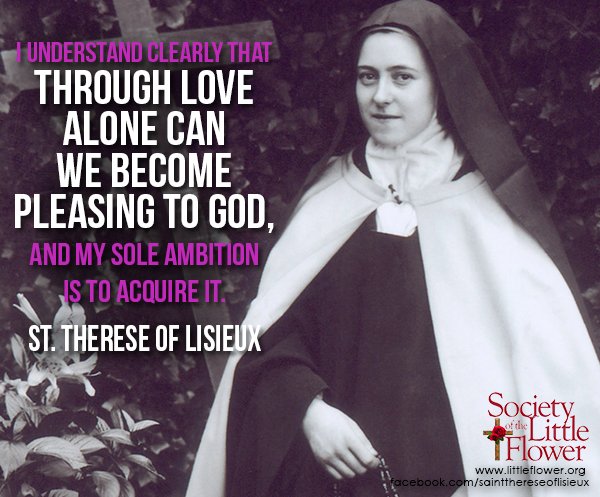 St. Therese in the garden, holding a rosary.