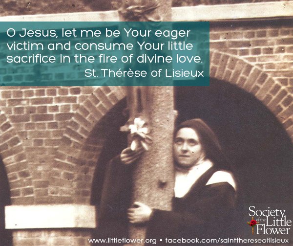 Photo of St. Therese, embracing the courtyard crucifix at Le Carmel monastery. 