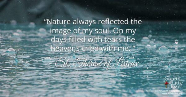"Nature always reflected the image of my soul. On my days filled with tears the heavens cried with me." - St. Therese