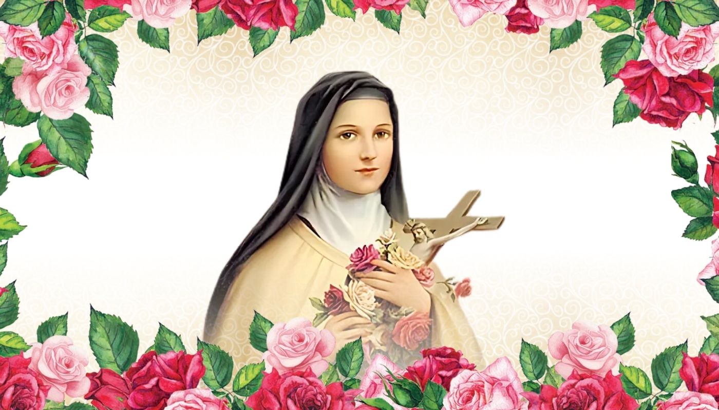 Digital image of St. Therese with colorful roses