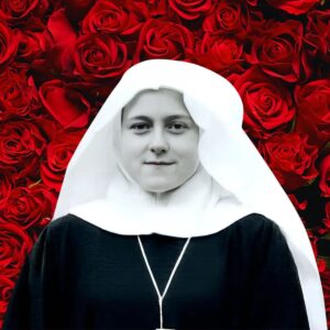 Black and white image of St. Therese in front of roses