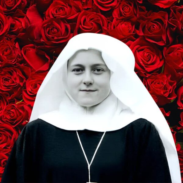 Black and white image of St. Therese in front of roses
