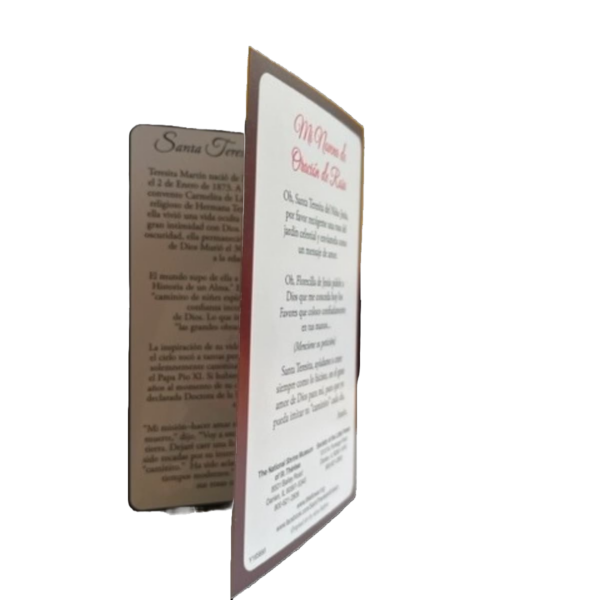 Back of St Therese Spanish prayer card
