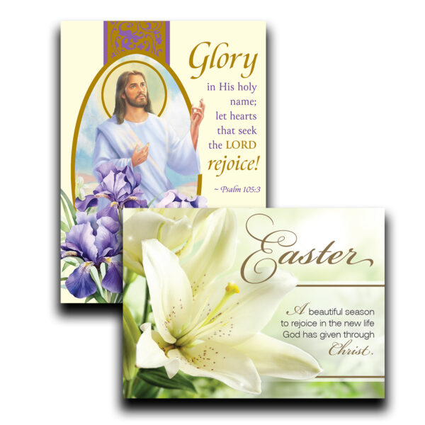 Easter cards, one with Jesus image and the other with a lilly flower
