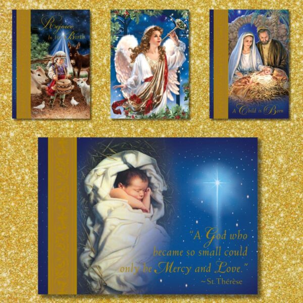 all 4 christmas cards displayed with gold glitter background