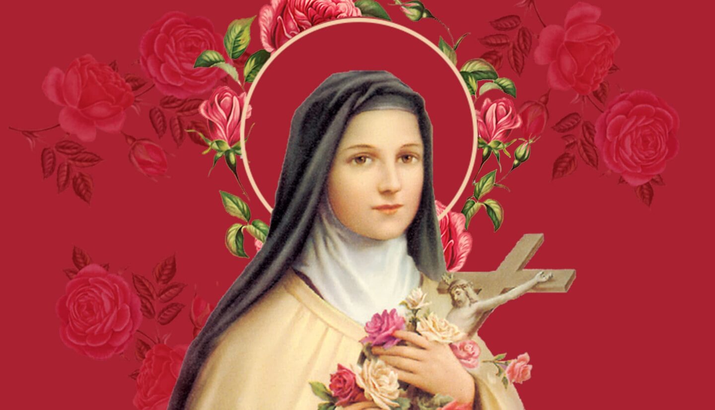 St. Therese painting against falling roses