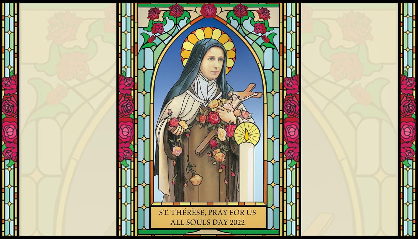 Stained glass image of St. Therese, surrounded by roses