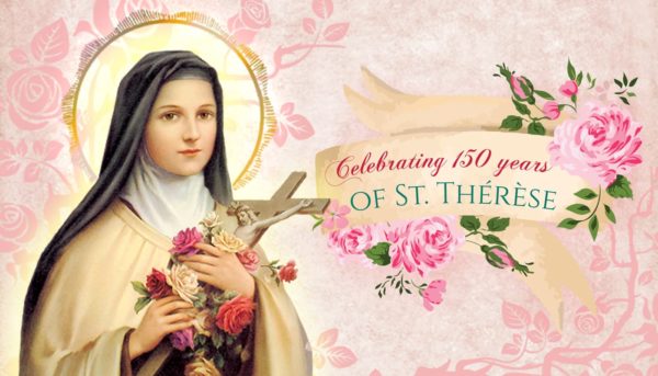 St Therese With Pink Roses Background