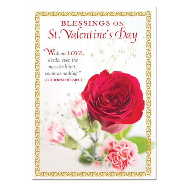 Red Rose & Carnations with a Quote From St Therese and a Gold Border