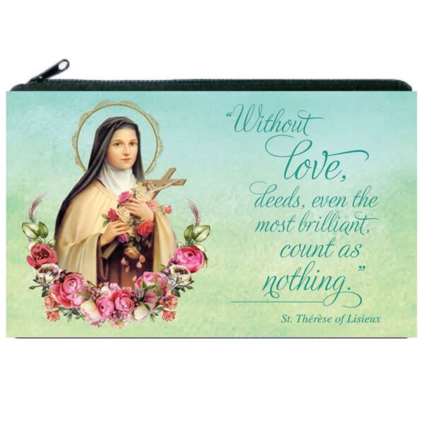 Rosary pouch with St. Therese Image and a quote with Green colors back