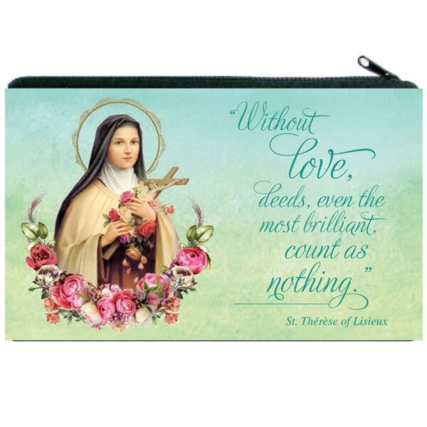 Rosary pouch with St. Therese Image and a quote with Green colors front