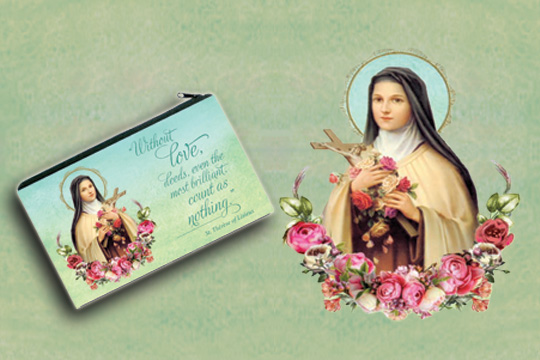 St. Therese Image with Flowers and rosary pouch image