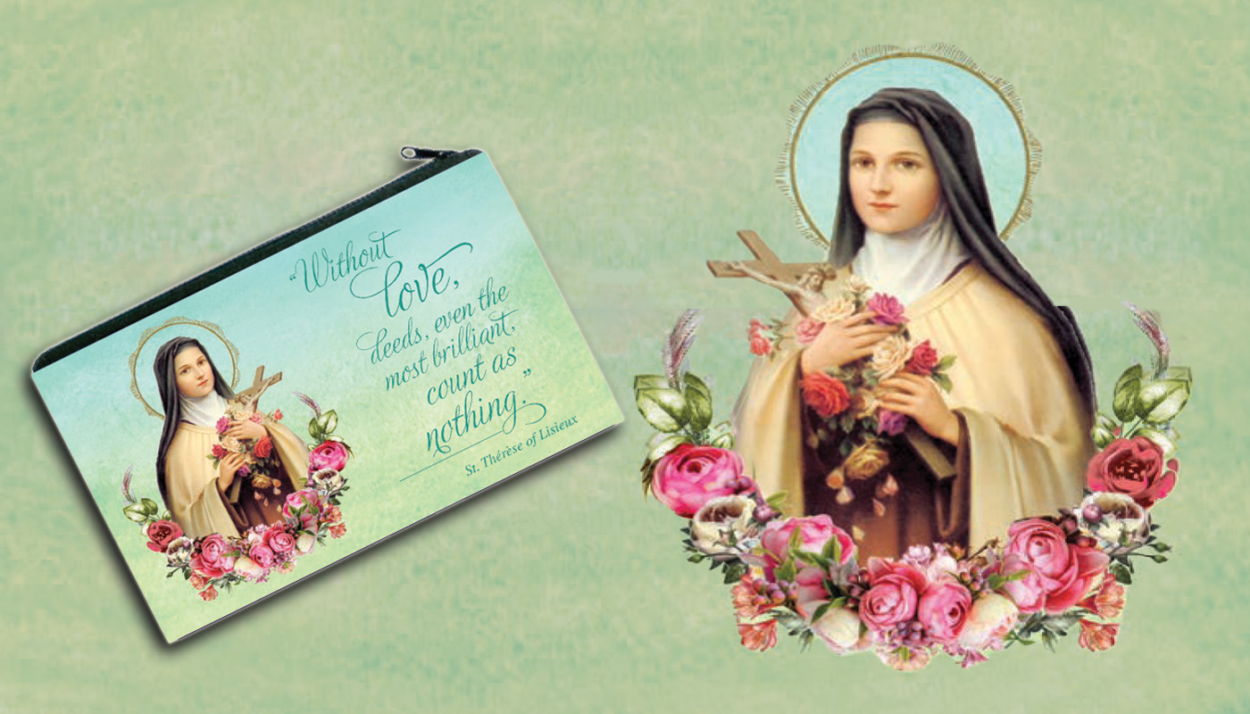St. Therese Image with Flowers and rosary pouch image