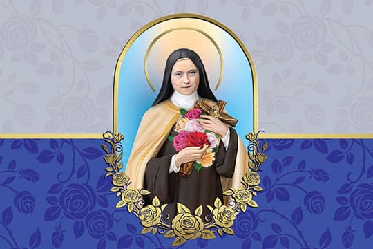 Painting of St. Therese holding roses with a silver and blue background