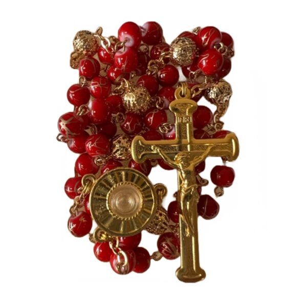 Red round beaded rosary with gold crucifix and chain