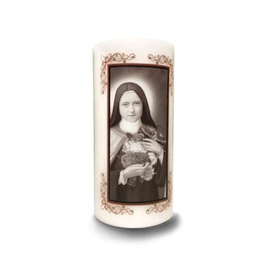 Candle with St. Thérèse Image on it