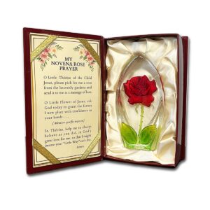 Glass Rose in a Brown Box with St Therese Novena Prayer on the left