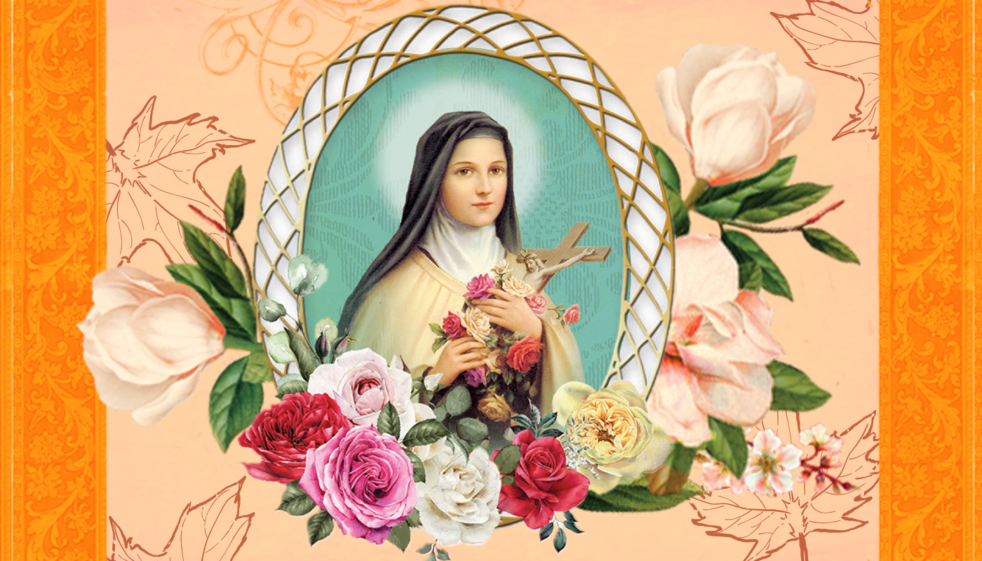 St Therese Surrounded with Flowers with an orange background