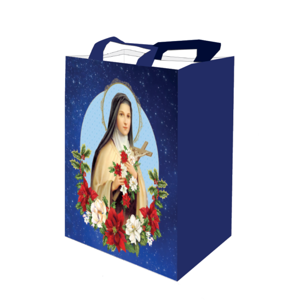 Front of St Therese Christmas Tote Bag featuring image of St Therese with Christmas Flowers