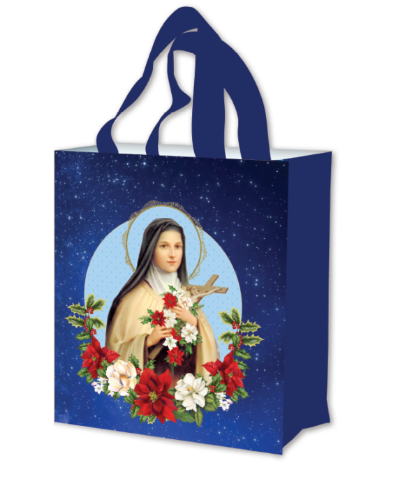 Front of St Therese Christmas Tote Bag featuring image of St Therese with Christmas Flowers