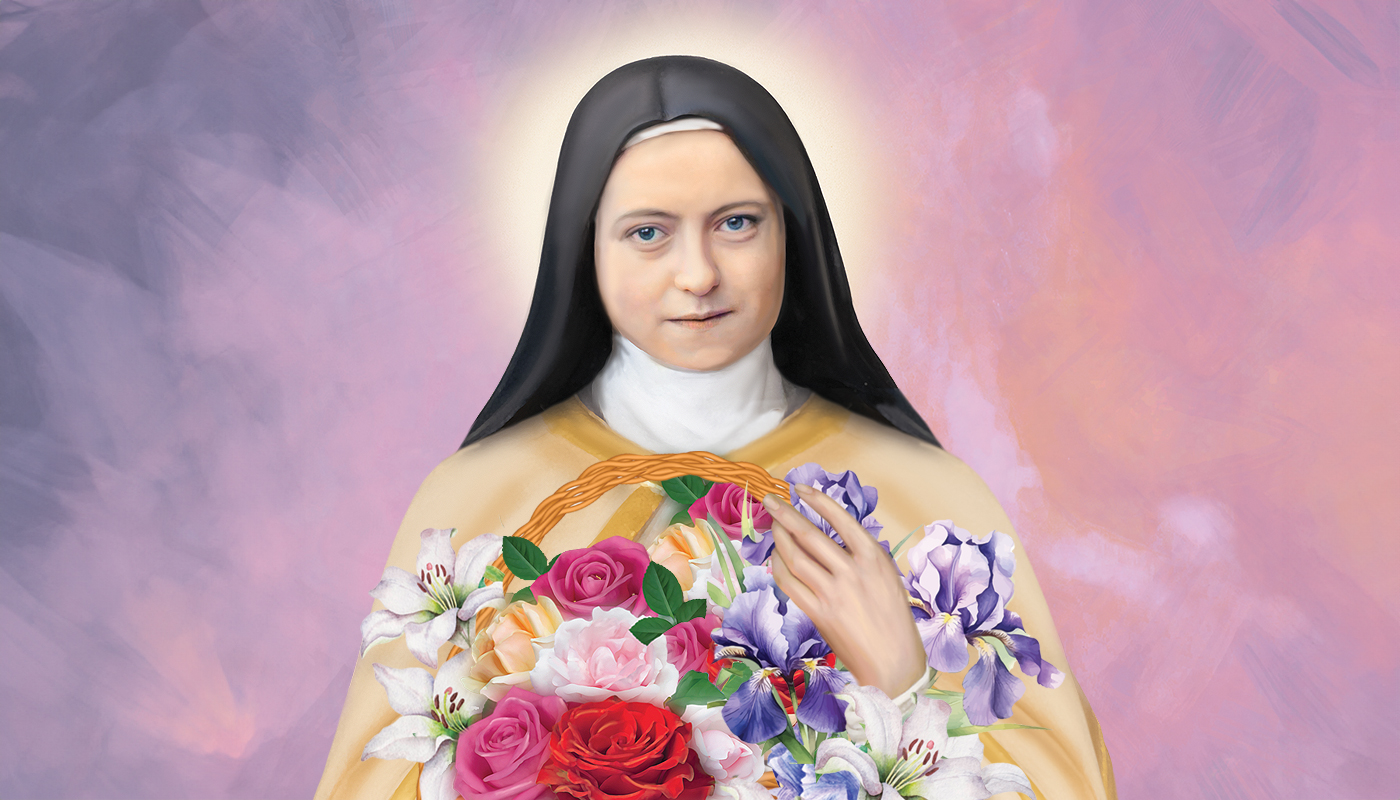 St. Therese image holding flowers with a purple background