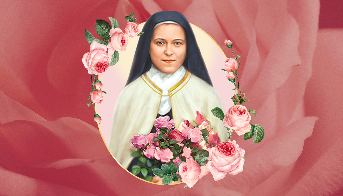 St Therese with pink peonies