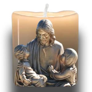 candle with image of Jesus and the children