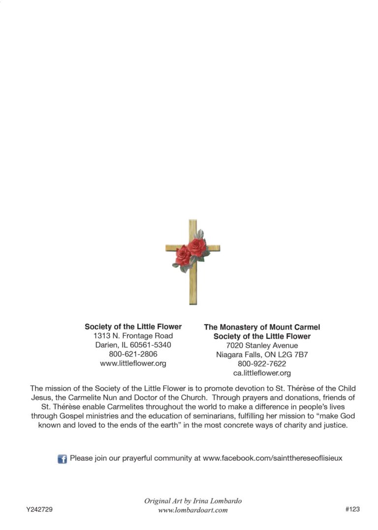 Back of Angel Christmas card with address of the Society of the Little Flower