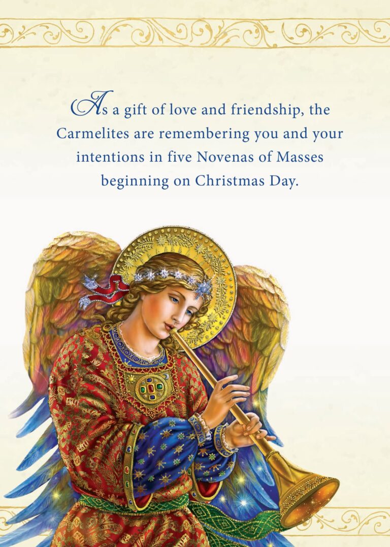Angel Christmas Card page 2 with the inscription: As a gift of love and friendship, the Carmelites are remembering you and your intentions in five Novenas of Masses beginning on Christmas Day.