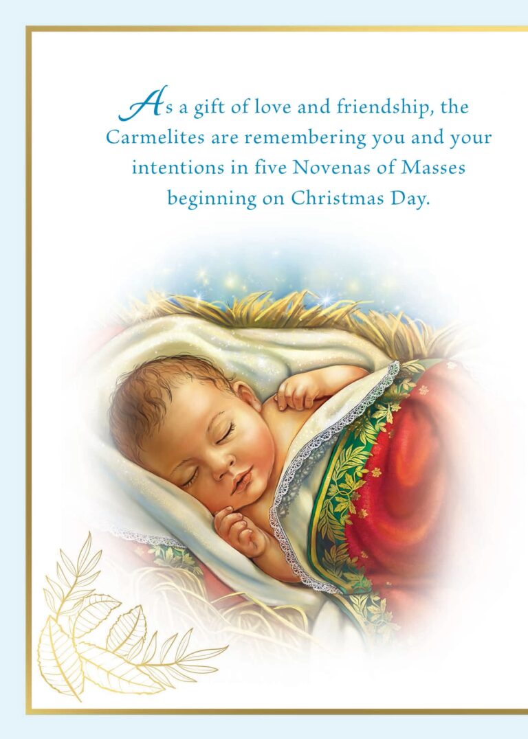 Baby Jesus Christmas Card Page 2 with inscription: As a gift of love and friendship, the Carmelites are remembering you and your intentions in five Novenas of Masses beginning on Christmas Day.