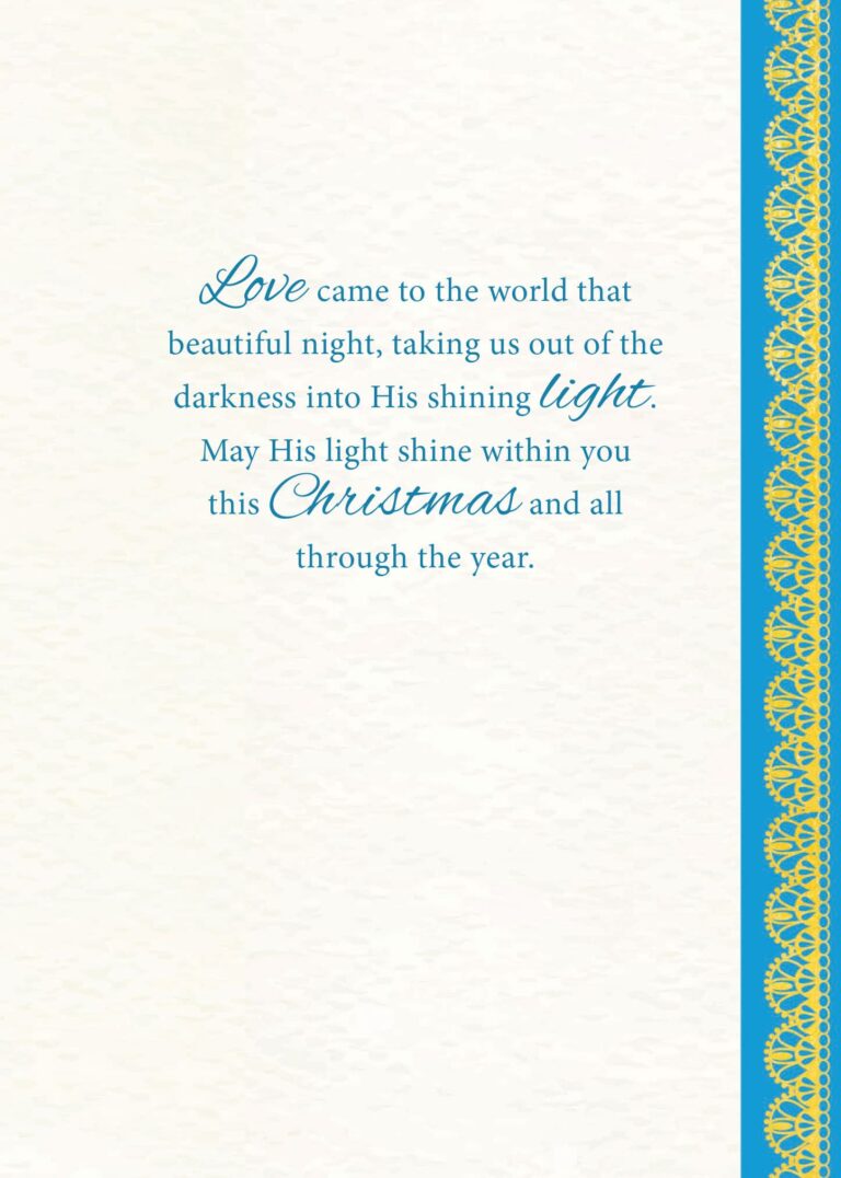 Madonna and Child Christmas Card Page 3 reading: "Love came to the world that beautiful night, taking us out of the darkness into His shining light. May His light shine within you this Christmas and all through the year."