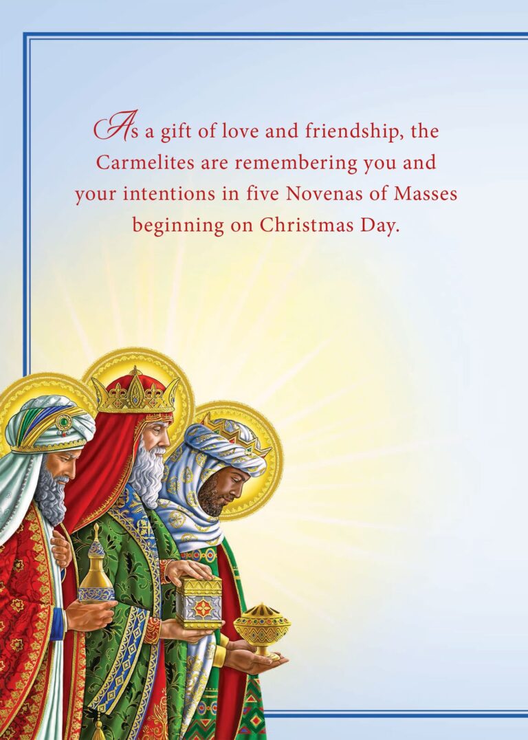 Wisemen Christmas Card with inscription: As a gift of love and friendship, the Carmelites are remembering you and your intentions in five Novenas of Masses beginning on Christmas Day.
