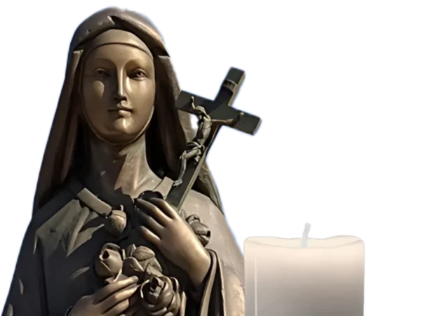 Bronze statue of St. Therese with a candle