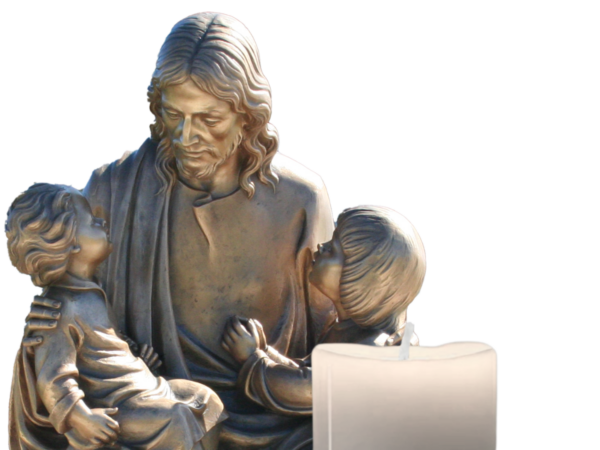 Bronze statue of Jesus with the Children with a candle