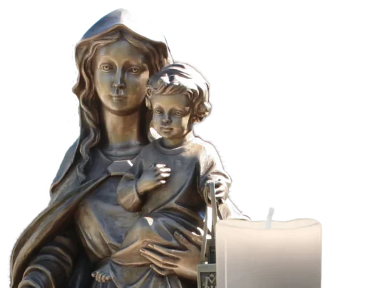 Bronze statue of Our Lady of Mount Carmel with candle