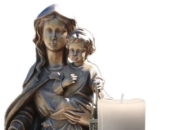 Bronze statue of Our Lady of Mount Carmel with candle
