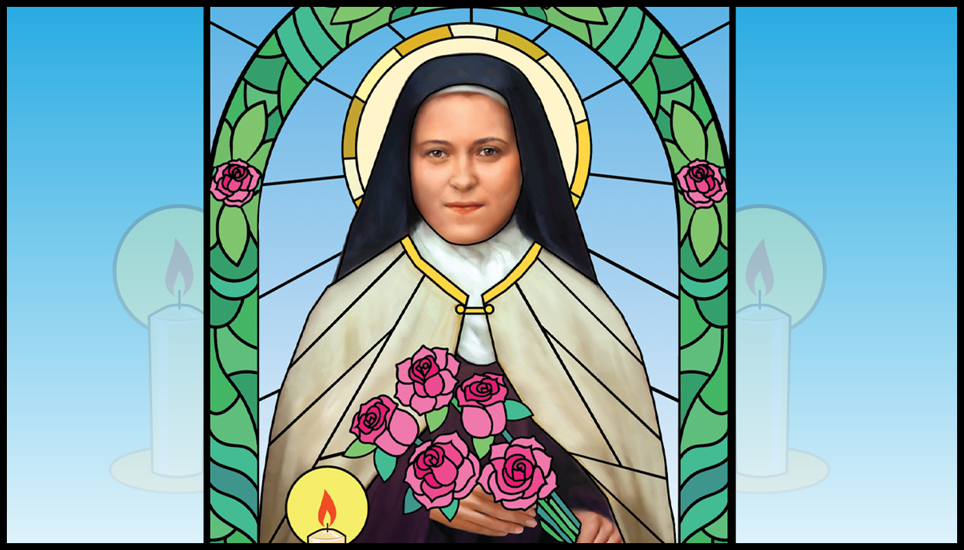 St Therese with stained glass backgroundSt Therese with stained glass background