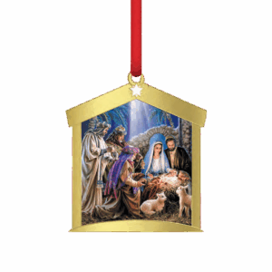 Preview of Christmas Ornament with Nativity Scene image and gold manger border.