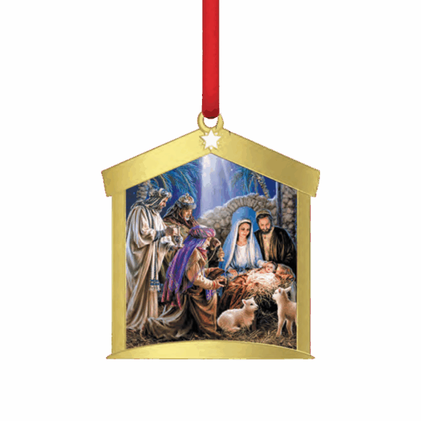 Preview of Christmas Ornament with Nativity Scene image and gold manger border.