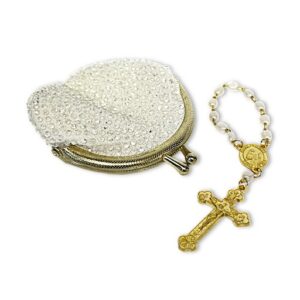 White beaded pouch and white and gold chaplet set
