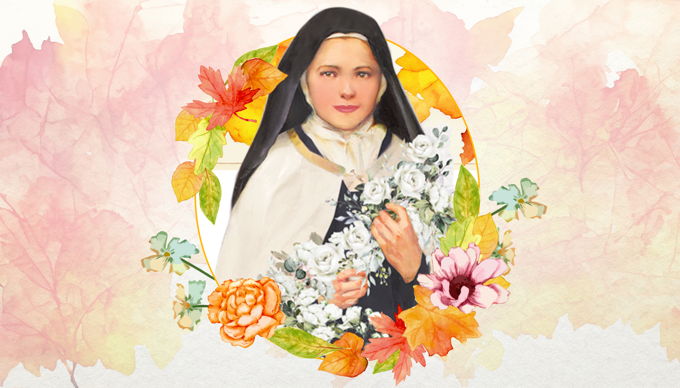 St. Therese image inside a wreath of fall flowers