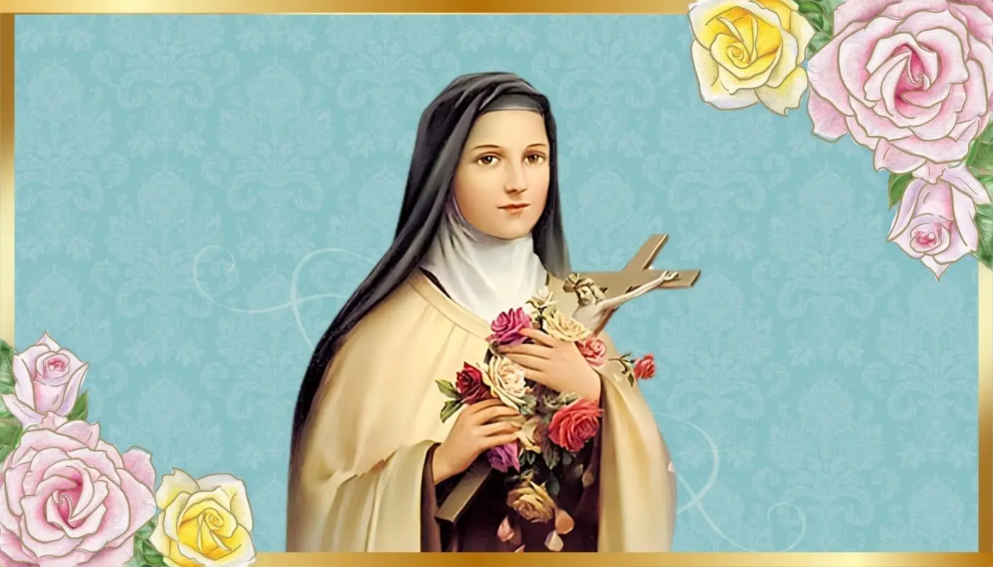 blue image of St. Therese with pink and yellow roses.