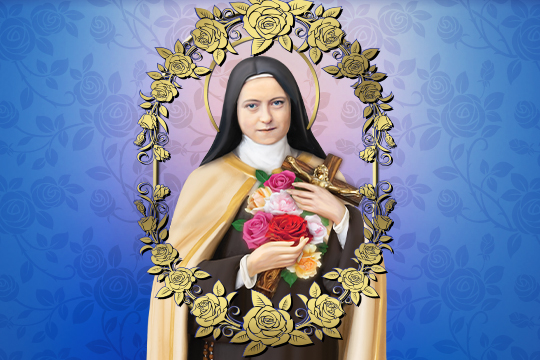 Blue Healing image of St. Therese surrounded by gold flowers