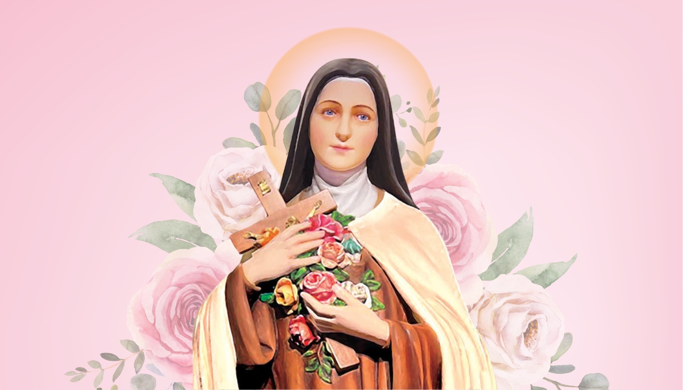 Pink image of St. Therese surrounded by roses