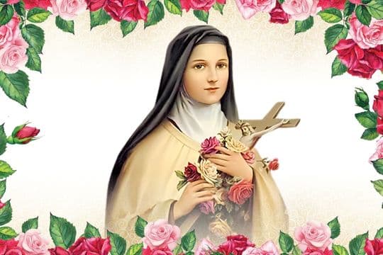 Digital image of St. Therese with colorful roses