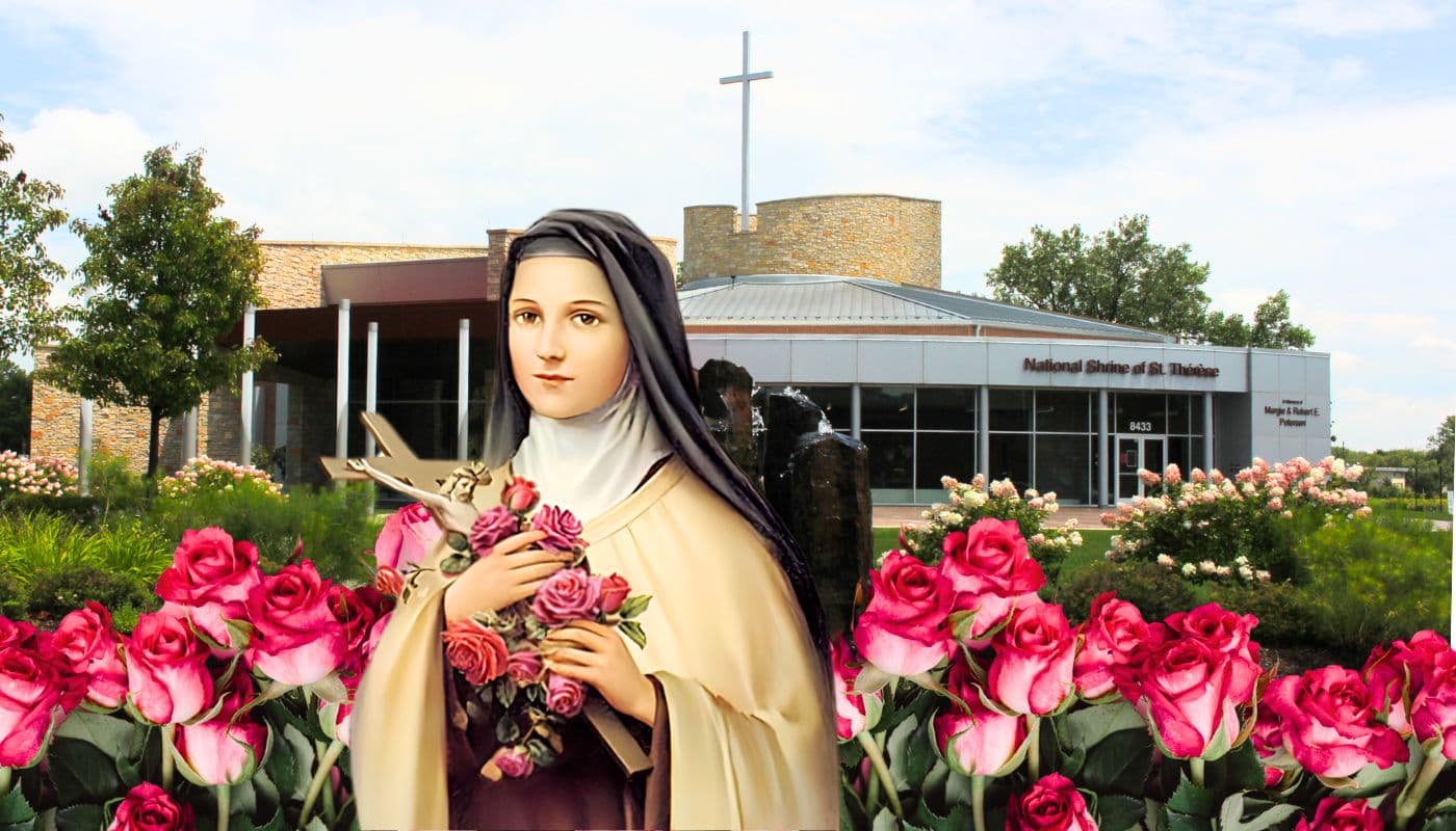 digital image of St. Therese surrounded by pink roses in front of the Shrine building